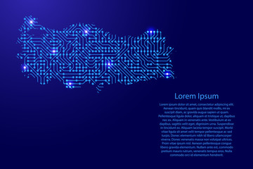 Map Turkey from printed board, chip and radio component with blue star space on the contour for banner, poster, greeting card, of vector illustration.