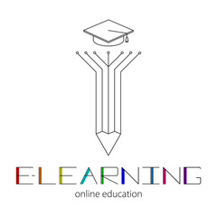 Concept of remote learning.  Silhouette of pen and academic cap.  Logo of E-learning and colorful lettering.  Flat design. Vector interactive illustration EPS10. 