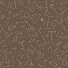 Seamless pattern on the theme of cleaning and household equipment and cleaning products, beige outline on a brown background