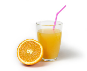 orange juice in a glass with a cut orange on a white background