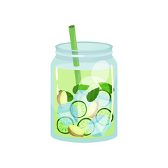 Organic detox drink with ginger, cucumber and mint leaves. Glass jar of natural cocktail with ice cubes and straw. Tasty beverage. Flat vector for promo poster or diet menu