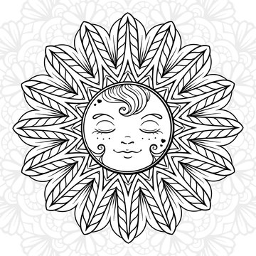 Ornamental sun coloring page.