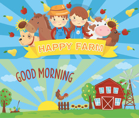 Obraz na płótnie Canvas Cartoon farm banners. Rural landscape with wooden barn, green grass, wind pump, rooster on fence and rising sun. Little kids and domestic animals livestock. Flat vector