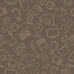 Seamless background with a simple contour icons on the topic of household appliances, beige outline on a brown background