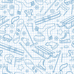 Seamless pattern on the theme of winter sports, simple blue  contour  icons on the clean writing-book sheet in a cage