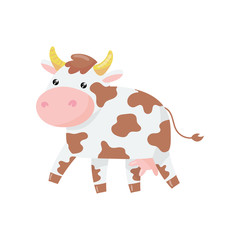 Cartoon illustration of cow with pink nose and brown spots on body. Dairy cattle. Adorable farm animal with shiny eyes. Large horned livestock. Colorful flat vector icon
