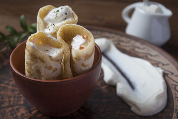 swirled French pancakes with sweet cottage cheese