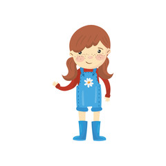 Young gardener girl dressed in blue overall shorts, boots and red sweater. Cartoon little farmer with brown hair, shiny eyes and freckles on face. Flat vector design
