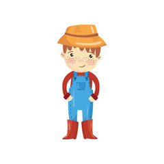 Cartoon character of young farmer in blue overall, red sweater, boots and straw hat. Little gardener. Smiling boy with shiny eyes and freckles on face. Flat vector design