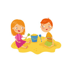 Two little kids, boy and girl playing in sandbox. Children s daily activity. Cartoon characters of brother and sister. Outdoor game in kindergarten. Flat vector design