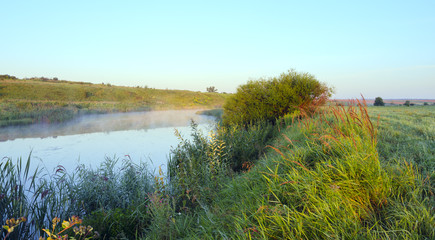 Sunny summer landscape.River Upa in Tula region,Russia.Fog over the water.Morning calm.Dew in the fresh green grass.