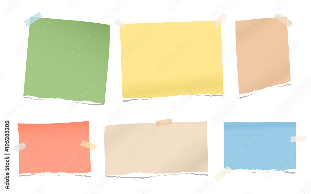 Poster pieces of torn colorful blank note, notebook paper for text stuck with sticky tape on white backgrou