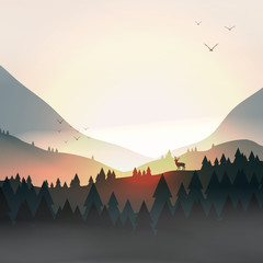 Sunset or Dawn Over Mountains with Stag on Hill Top Pine Forest Landscape - Vector Illustration - 195283647