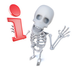 3d Funny cartoon skeleton character holding an information symbol