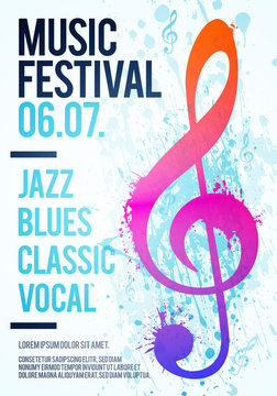 Vector illustration template poster flyer music festival event with clef illustration and texture watercolor splash effect.