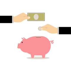 Hand Saving Money with Piggy Bank Vector