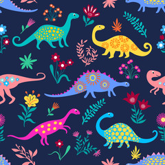 Dinosaurs Cute kids pattern for girls and boys, Colorful Cartoon Animals on the abstract seamless background, Artistic Backdrop for textile and fabric.