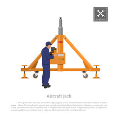 Repair and maintenance of aircraft. Engineer with airplane jack. Industrial drawing of plane gear in flat style. Vector illustration © shaineast