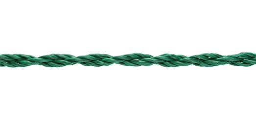 Green synthetic cord, string, rope isolated on white background texture
