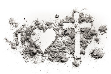 I, heart and cross or crucifix drawing in ash