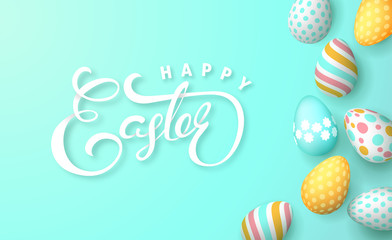 Easter banner background template with beautiful colorful eggs. Vector illustration.