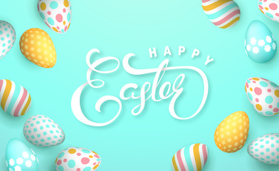 Easter banner background template with beautiful colorful eggs. Vector illustration.
