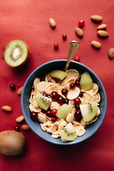 Delicious crispy cornflakes with kiwi pieces and cranberries in bowl, healthy breakfast on red backgroun