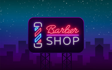 Fototapeta na wymiar Vector logo neon sign barber shop for your design. For a label, a sign, a sign or an advertisement. Hipster Man, Hairdresser Logo. Neon billboard, bright sign, luminous banner. Vector Billboard