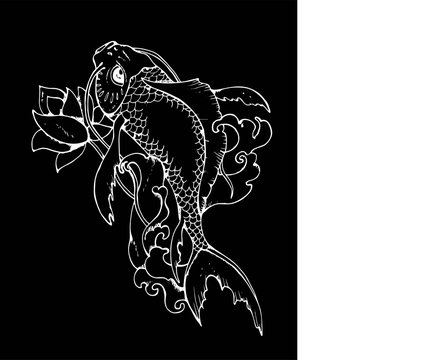 llustration of Japanese carp. Black and white drawing