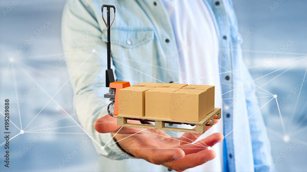 Poster pallet truck and carboxes with network connection system - 3d render