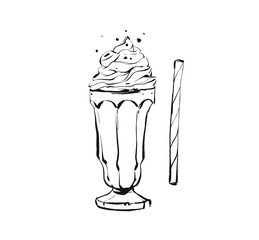 Hand drawn vector abstract artistic cooking ink sketch illustration drawing of milkshake cocktail and whipped cream in glass isolated on white background.Kids menu concept