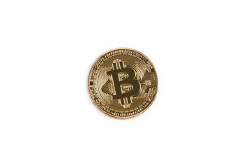 Gold coin bitcoin isolated on white background.