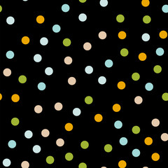 Colorful polka dots seamless pattern on black 1 background. Elegant classic colorful polka dots textile pattern. Seamless scattered confetti fall chaotic decor. Abstract vector illustration.