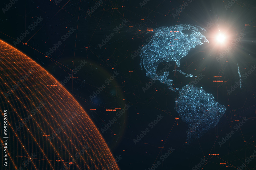 Poster conceptual hi-tech business blockchain market with artistic lines and dots on dark background with e