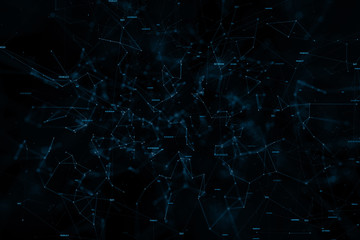 Fototapeta premium Conceptual blurry business market words with artistic lines and dots on black network illustration background. Selective focus used.