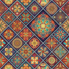 Seamless pattern with decorative mandalas. Vintage mandala elements. Colorful patchwork.