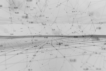 Black and white lines and dots cyberspace illustration background.