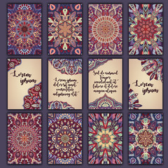 Card set with floral decorative mandala elements background. Asian Indian oriental ornate banners.