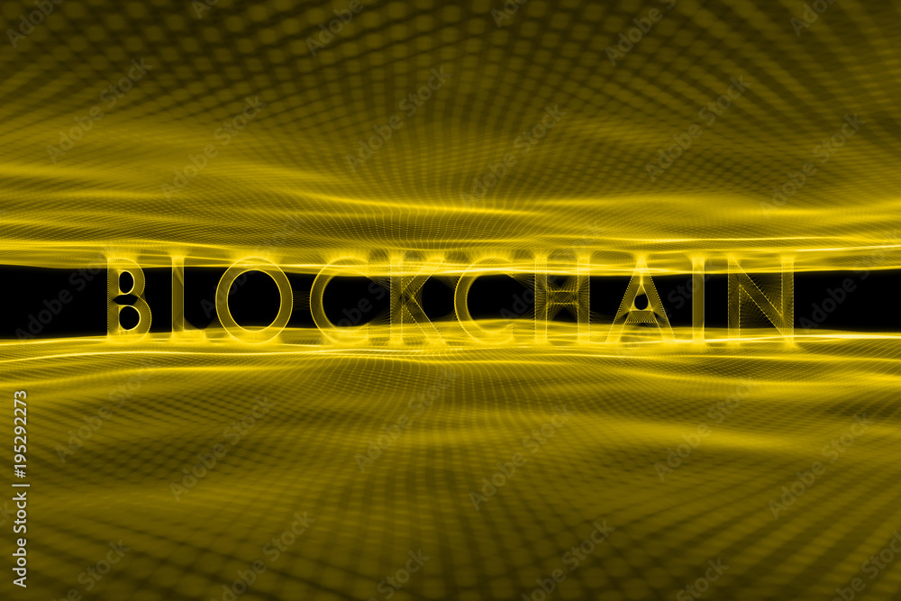 Poster artistic gold colored blockchain word on abstract cyberspace background with lines and dots illustra
