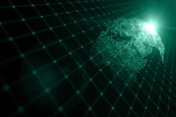 Futuristic turquoise colored abstract space network background with lines and dots illustration.