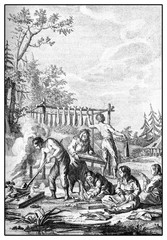  Kamchatkans Preparing Fish to be Dried. Vintage engraving from Jean-Baptiste Le Prince , 1769