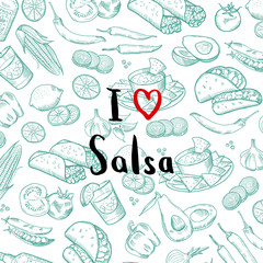 Vector sketched mexican food elements background with lettering
