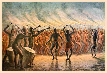 Vintage illustration of Bari-Neger of Mozambique war dance, East Africa