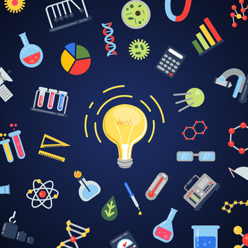 Vector flat style science icons lightbulb concept