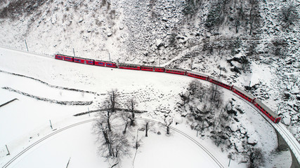 Red train of Bernina, Bernina Express. Aerial view