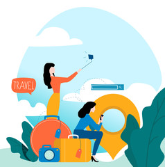 Travel, vacation, people travelling, summer holiday, passengers with baggage flat vector illustration design for mobile and web graphics