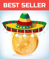Bitcoin in mexican hat. Bitcoin. Digital currency. Crypto currency. Money and finance symbol. Miner bit coin criptocurrency. Virtual money concept. Cartoon Vector illustration