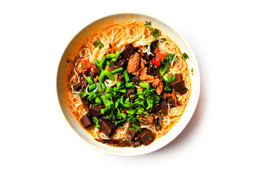 Rice noodles with spicy pork sauce, Traditional northern of Thailand style cuisine (Khanom Jin Nam Ngiao)