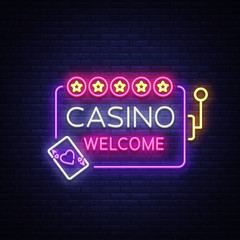 Casino welcome logo in neon style. Design template. Neon sign, light banner, night neon billboard, bright light advertising gambling, casino, poker, slot machines. Vector illustration