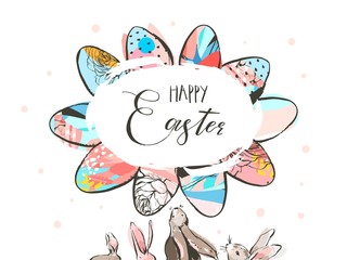 Hand drawn vector abstract graphic scandinavian collage Happy Easter cute simple bunny,eggs illustrations greeting card and Happy Easter handwritten calligraphy isolated on white background